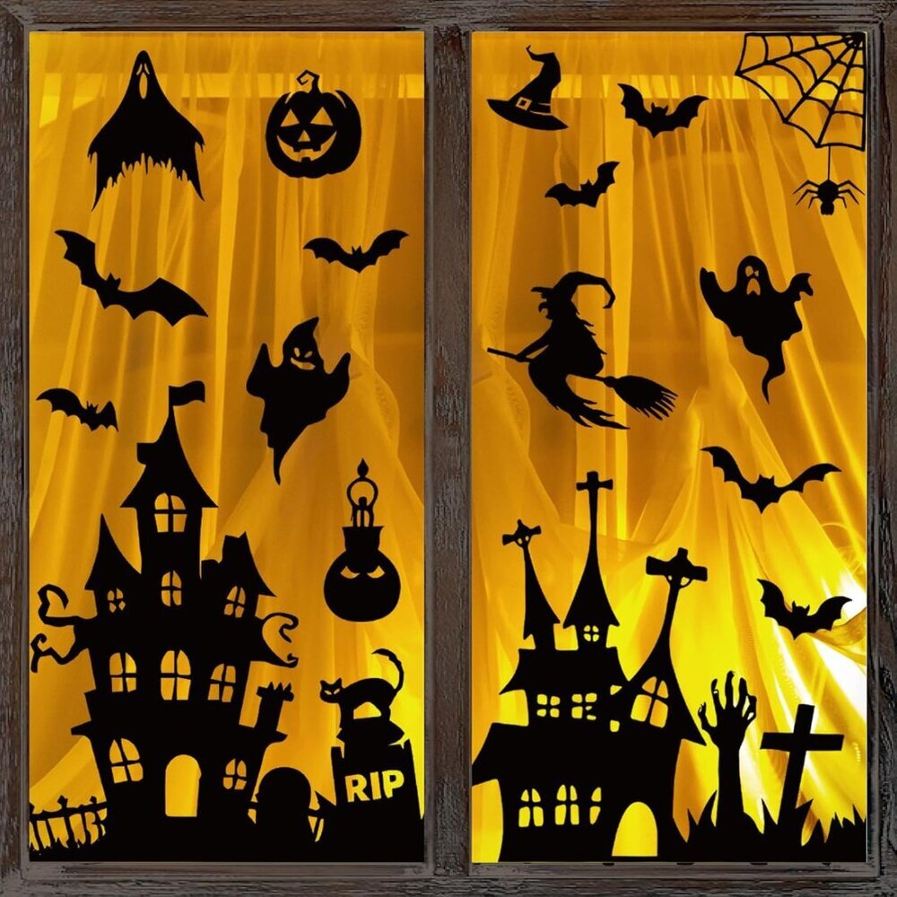 6 Sheets Halloween Window Clings Black Castle Graveyard Bat Silhouette Reusable